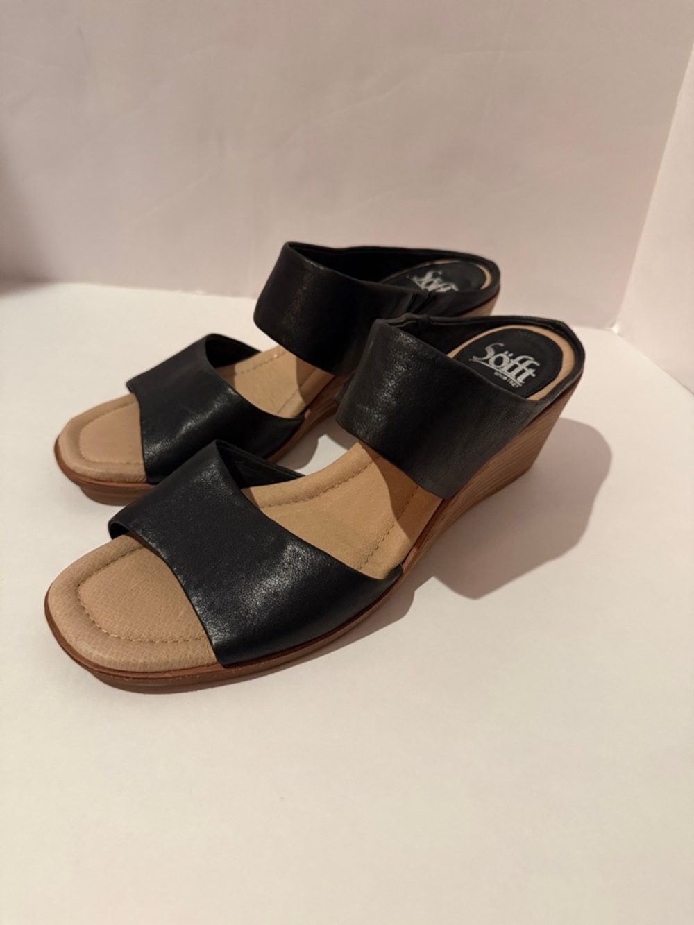 Sofft Black Leather Two-Band Wedge Slide Sandals